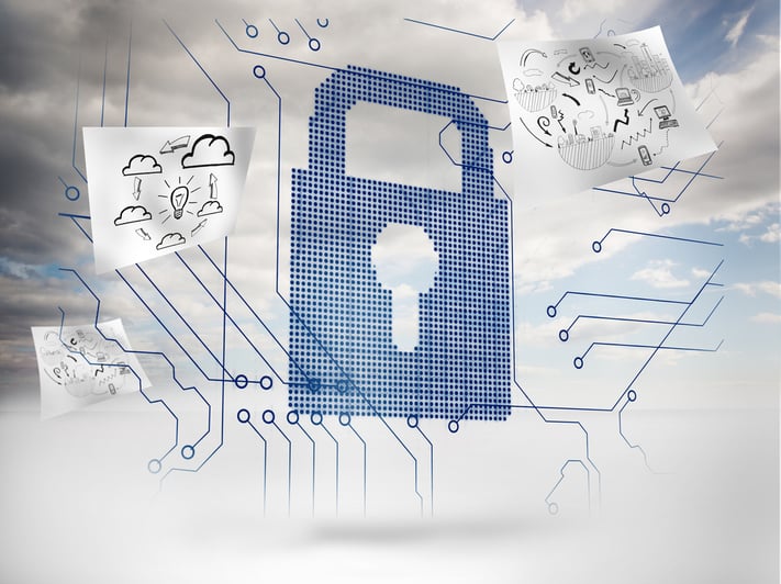 Big padlock with circuit board and drawings floating around with sky on the background