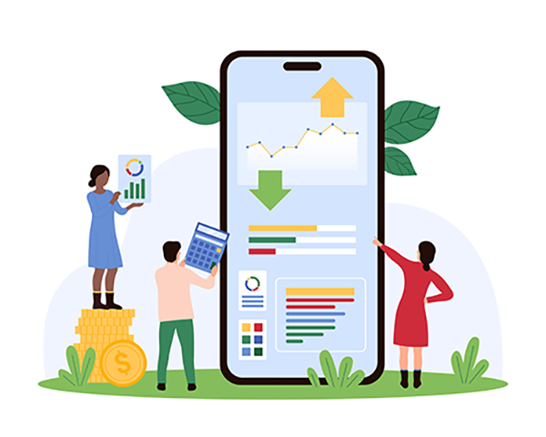 Illustration of three people analyzing marketing data on a giant smartphone screen, featuring charts, graphs, and arrows. One person stands on coins holding a bar chart, another uses a calculator, and the third points to a visual dashboard, symbolizing marketing performance and ROI insights.