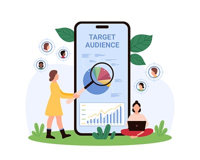 llustration of two people examining target audience data on a giant smartphone screen. One person uses a magnifying glass on a pie chart labeled “Target Audience,” while another works on a laptop. Surrounding the phone are demographic profile icons, representing audience segmentation and analysis.  Let me know if you'd like these shortened or tailored for SEO or accessibility.